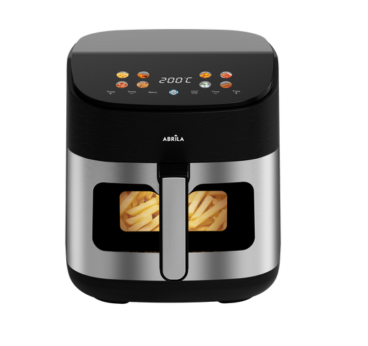 Vista lateral de la Freidora de Aire Tucuman de Fabrilamp / Abrila con ventana de visualización y asa de tacto frío