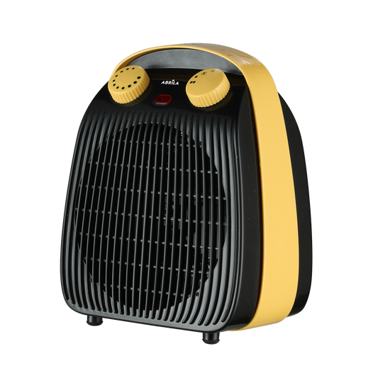 Vista lateral del termoventilador BURLETE Fabrilamp en color negro y amarillo, compacto y portátil
