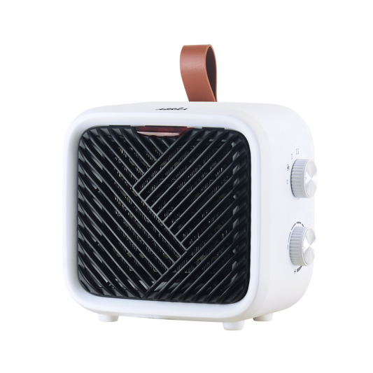 Termoventilador Cerámico DRISANA Blanco Fabrilamp con diseño vintage y asa de cuero