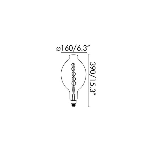 Plano con medidas de Bombilla LED Filamento Ámbar BT180 E27 8W 2000K FARO
