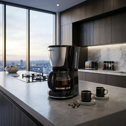 Cafetera de goteo WANDA negra Fabrilamp en un ambiente de cocina moderna