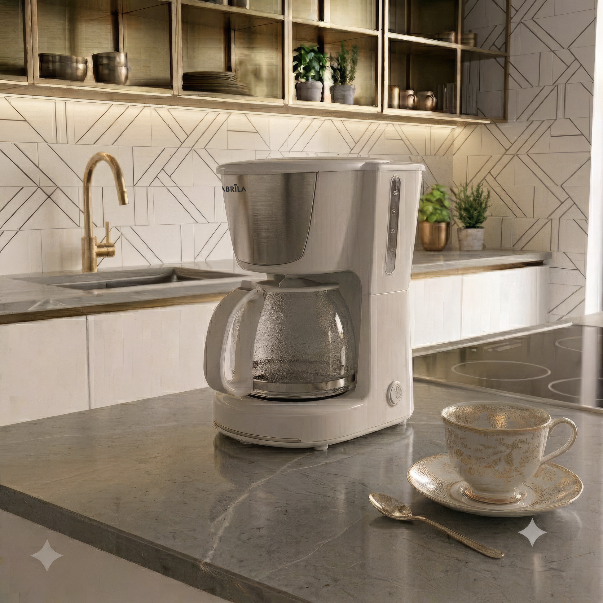 Vista lateral de la cafetera de goteo Wanda 6 tazas blanca, mostrando el visor de nivel de agua