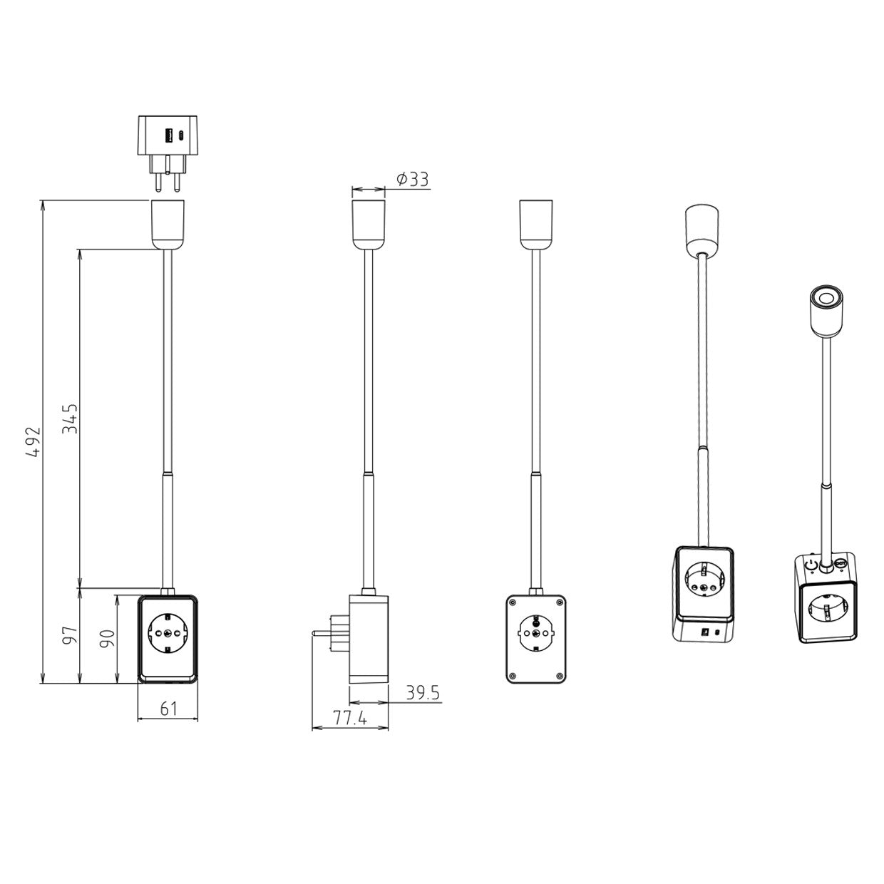 Esquema con dimensiones del flexo USB LED regulable ANT ALEMAR