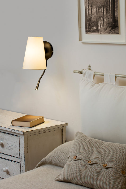 Aplique LUPE fabricado en Acero color Negro con pantalla Beige