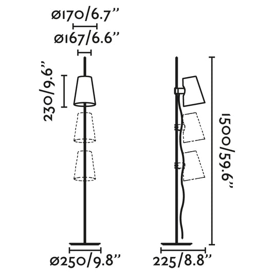 Plano con medidas de Lámpara de Pie LUPE 150 cm Regulable Negro y Beige FARO