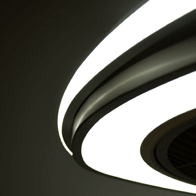 Detalles del Ventilador de Techo LUMIT GENEVA Marrón (Ref. 202596002), 5 aspas, 70W LED, 53.5cm.  Muestra el diseño, acabados y características del ventilador con luz regulable de Interlusa.
