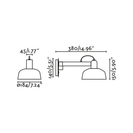 Plano con medidas de Aplique de pared Tatawin naranja rojizo con brazo FARO