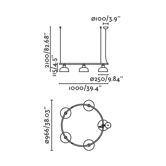 Plano con medidas de Lámpara Colgante Tatawin M Circular Cristal Opal Blanco Faro