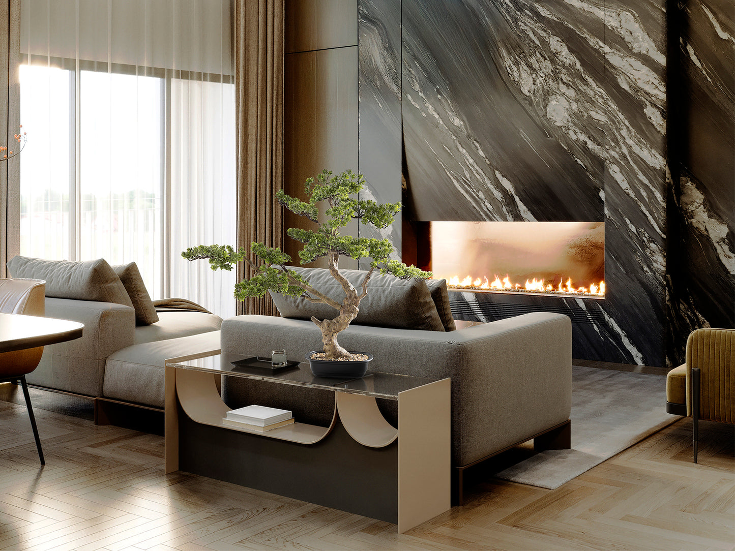 Bonsái Artificial SOKAN 81CM / Sokan / 81cm x 90cm x 42cm / Natural / Schuller encendida con proyección de luz y ambiente | LuzGurú