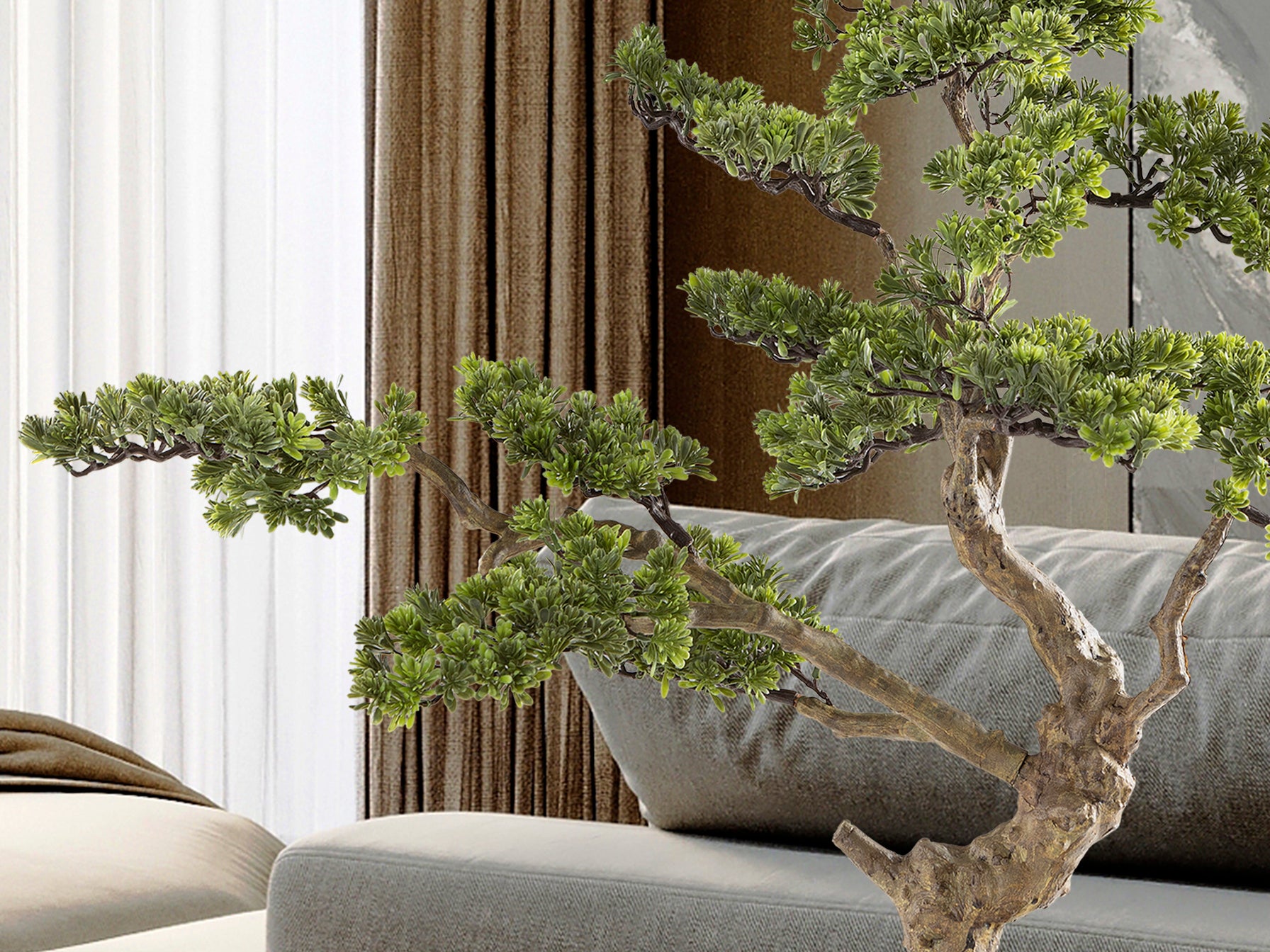 Bonsái Artificial SOKAN 81CM / Sokan / 81cm x 90cm x 42cm / Natural / Schuller instalada en ambiente decorativo de salón o dormitorio | Schuller