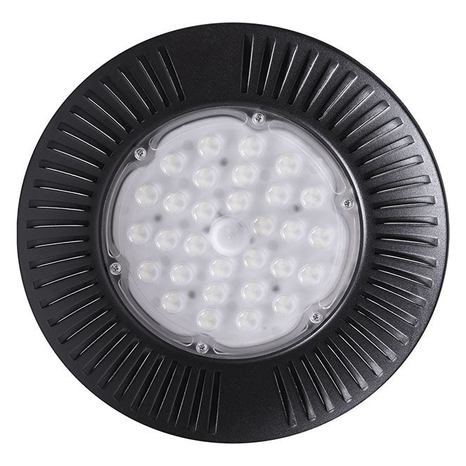 Campana LED ECOVISION 30 cm 100W 8000lm Blanco Frío Negro Interlusa instalada en ambiente decorativo de salón o dormitorio | Interlusa