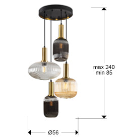 Plano con medidas de Lámpara Colgante Norma 4 Luces Negro y Latón con Tulipas de Cristal Schuller