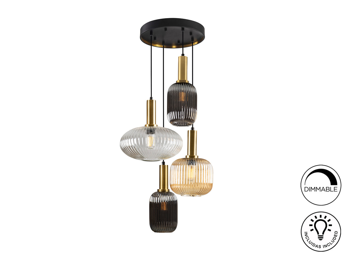 Lámpara Colgante Norma 4 Luces Negro y Latón con Tulipas de Cristal Schuller - vista principal | Schuller