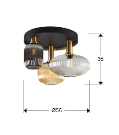 Plano con medidas de Plafón de Techo Norma 3 Luces Negro y Latón con Cristal Schuller