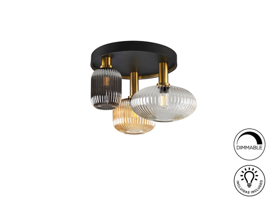Plafón de Techo Norma 3 Luces Negro y Latón con Cristal Schuller - vista principal | Schuller