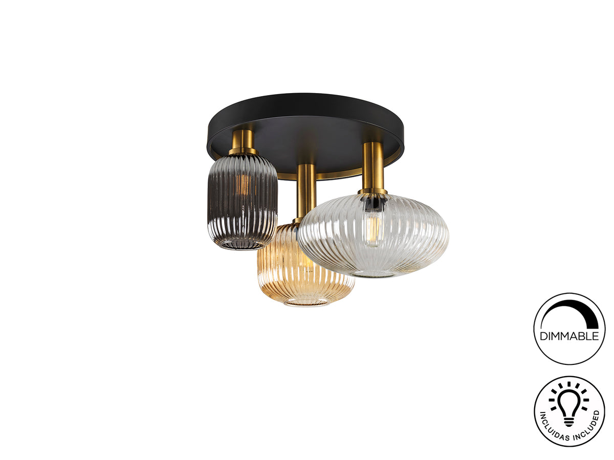 Plafón de Techo Norma 3 Luces Negro y Latón con Cristal Schuller - vista principal | Schuller