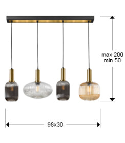 Plano con medidas de Lámpara Colgante Lineal Norma 4 Luces Negro Mate y Latón Schuller