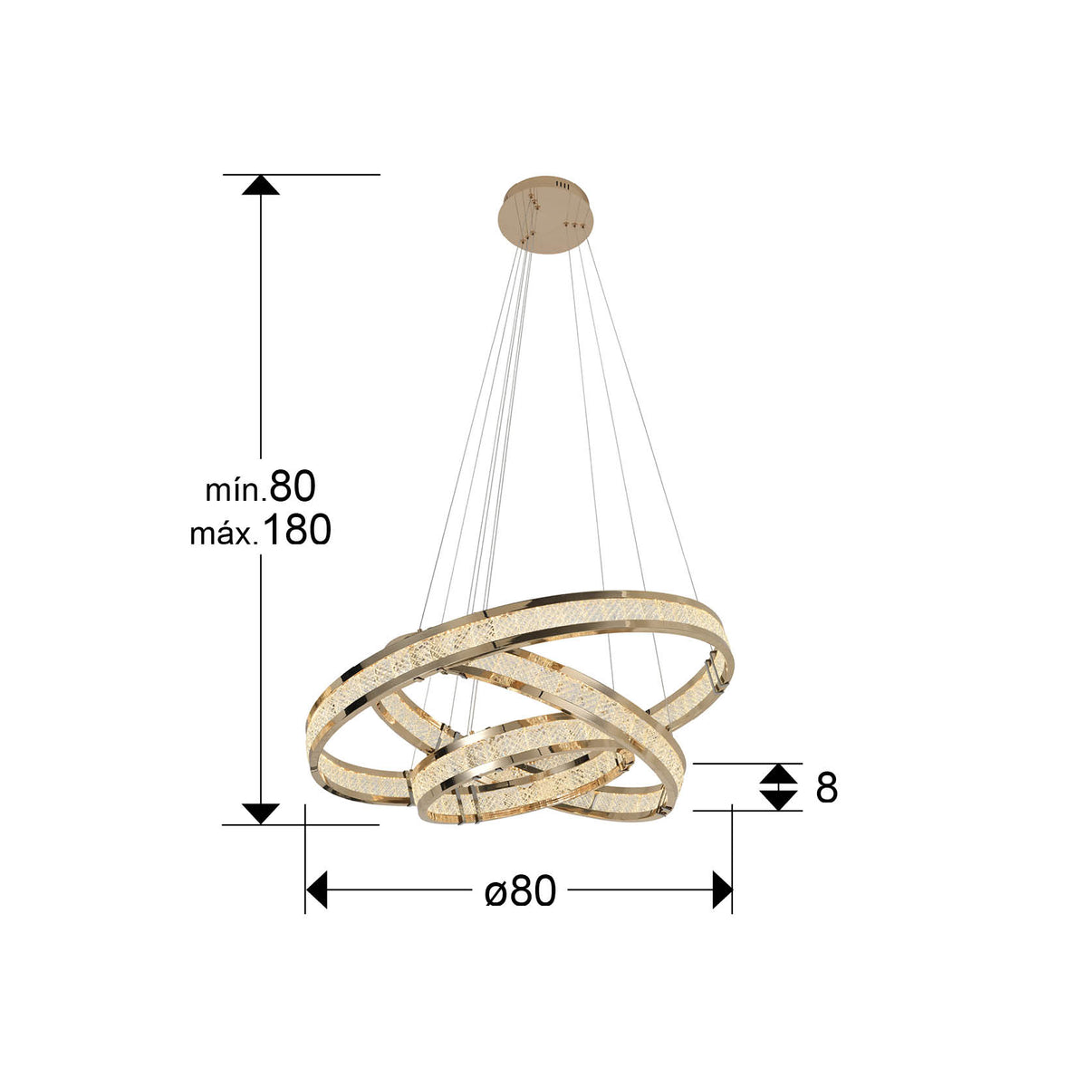 Plano con medidas de Lámpara Colgante LED Lorian 3 Aros Dorado Brillo 79W Schuller · Ref. 227292