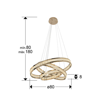 Plano con medidas de Lámpara Colgante LED Lorian 3 Aros Dorado Brillo 79W Schuller · Ref. 227292