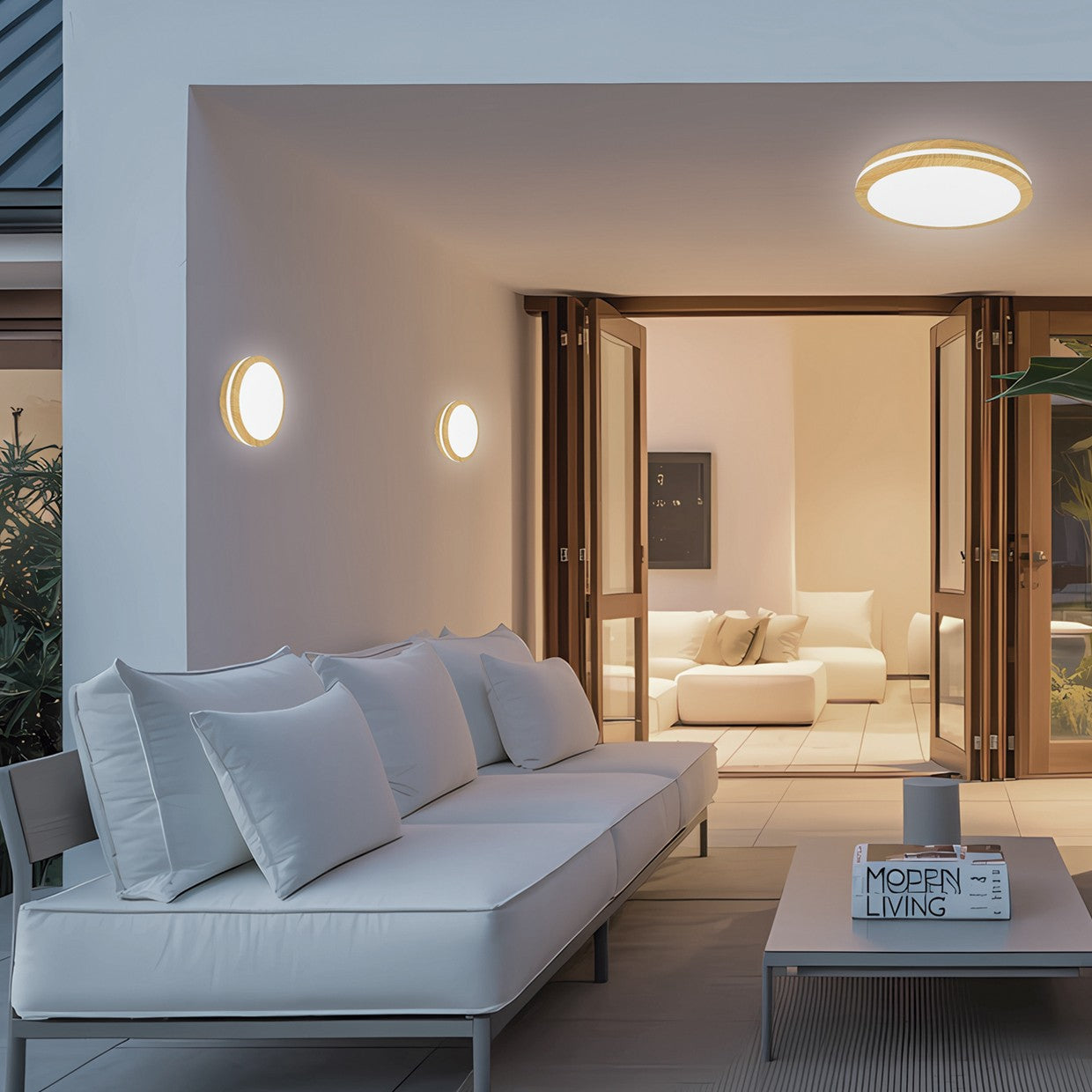 Plafón LED Oristan instalado en pared exterior - Ambiente terraza