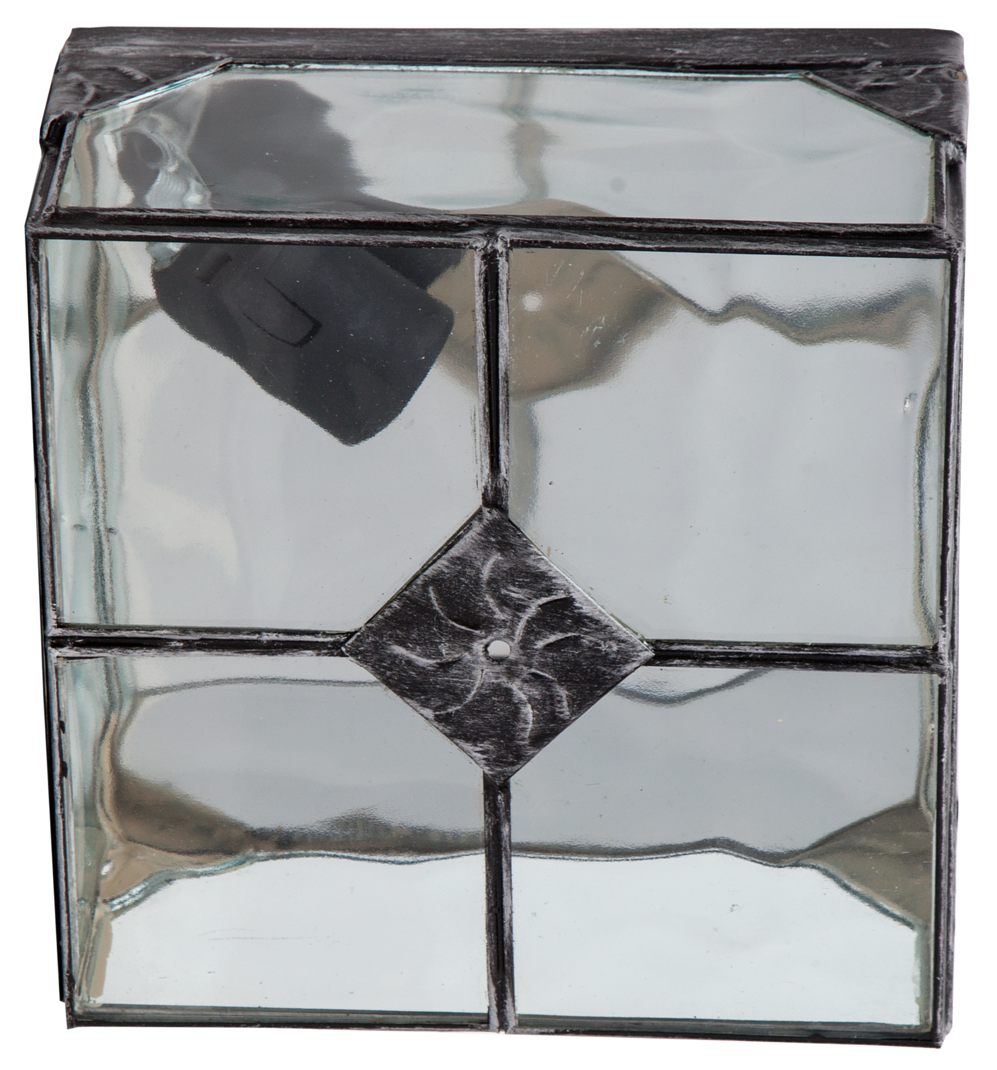 Plafón Estepa fabricado en metal color plata envejecida y cristal rugoso.
