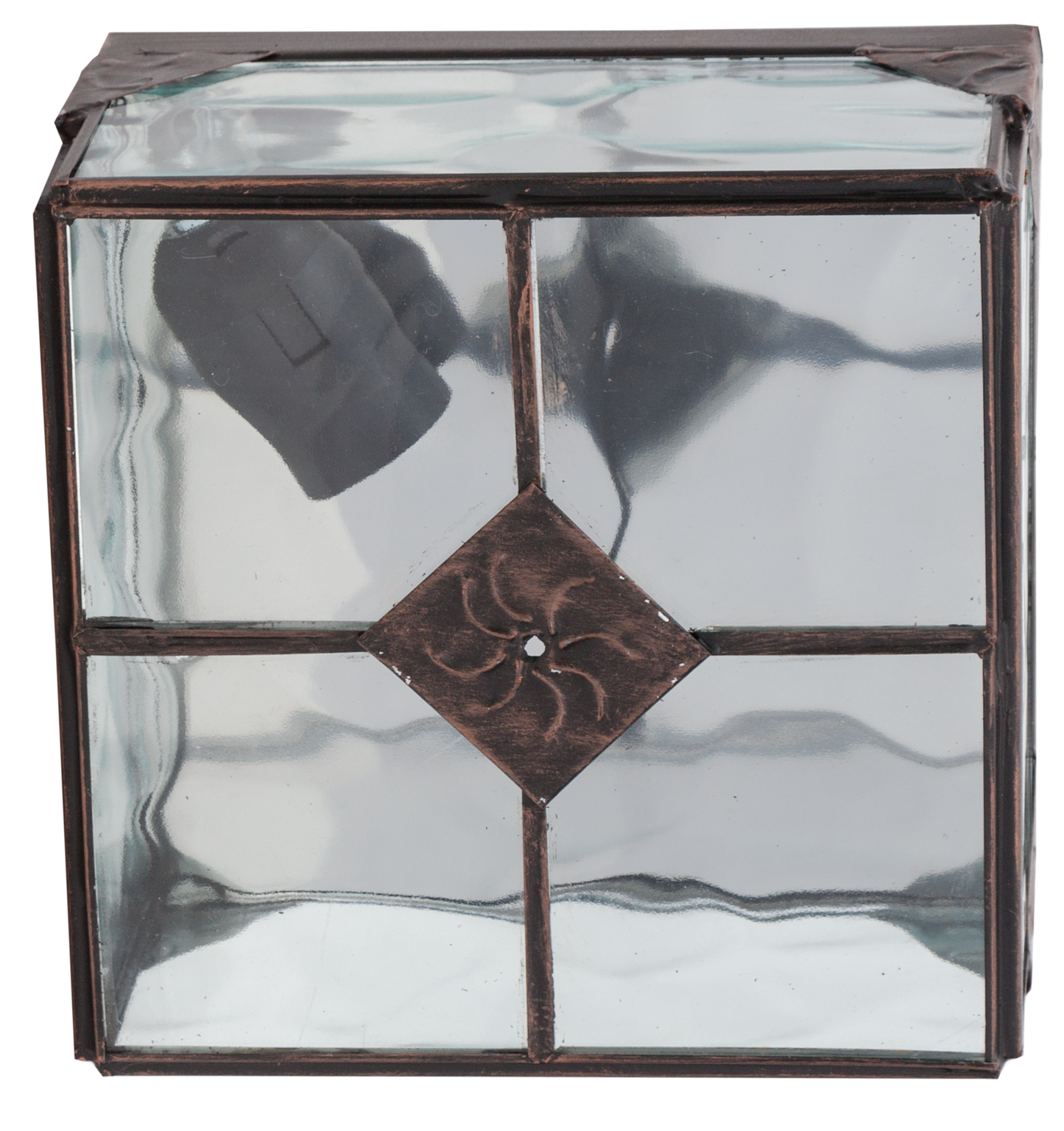 Plafón Estepa fabricado en metal color cobre con cristal rugoso, estilo rústico