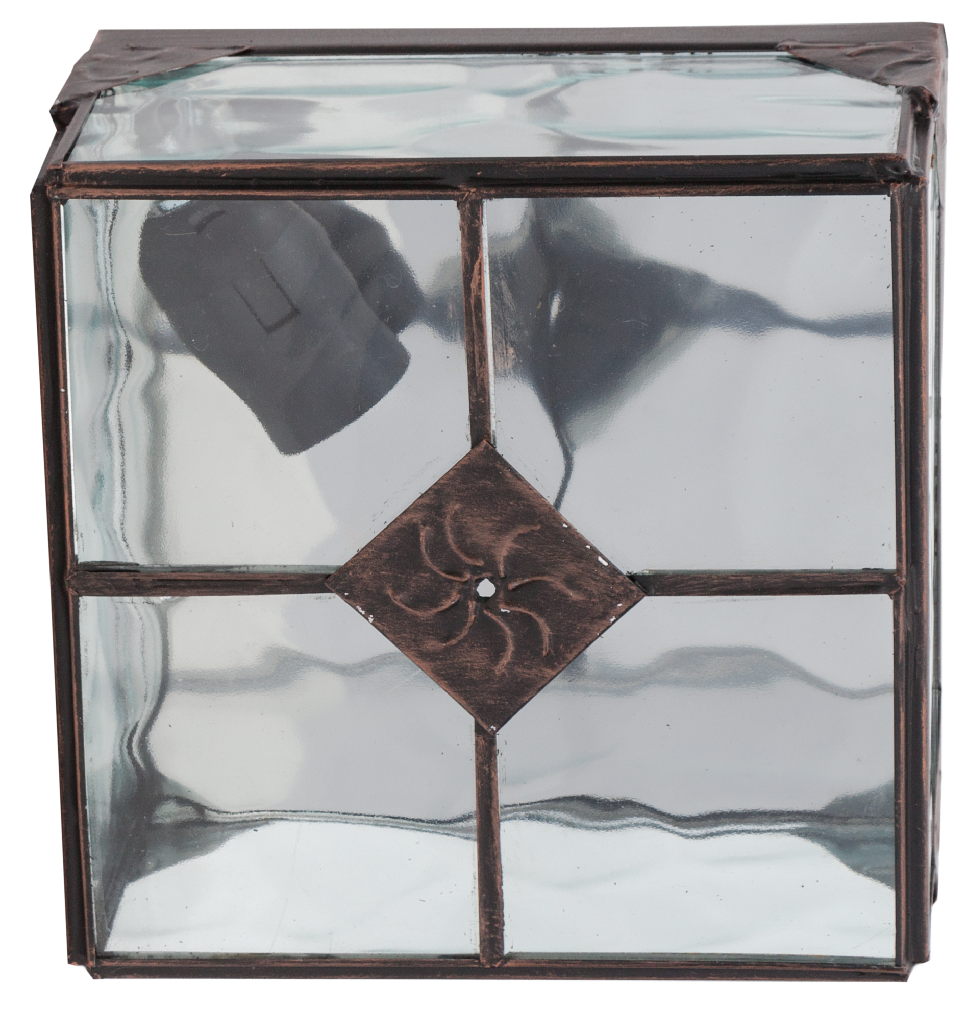 Plafón Estepa fabricado en metal color cobre con cristal rugoso, estilo rústico