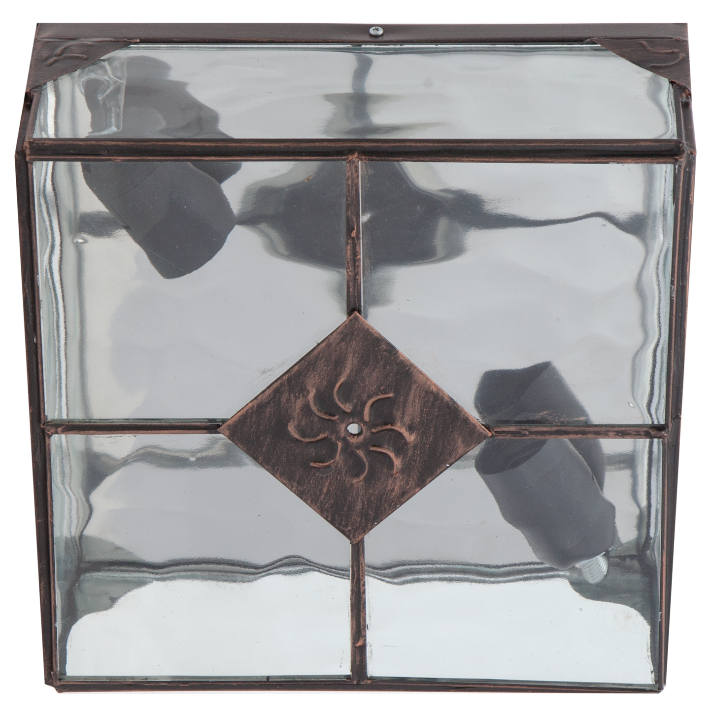 Plafón Estepa fabricado en metal color cobre con cristal rugoso