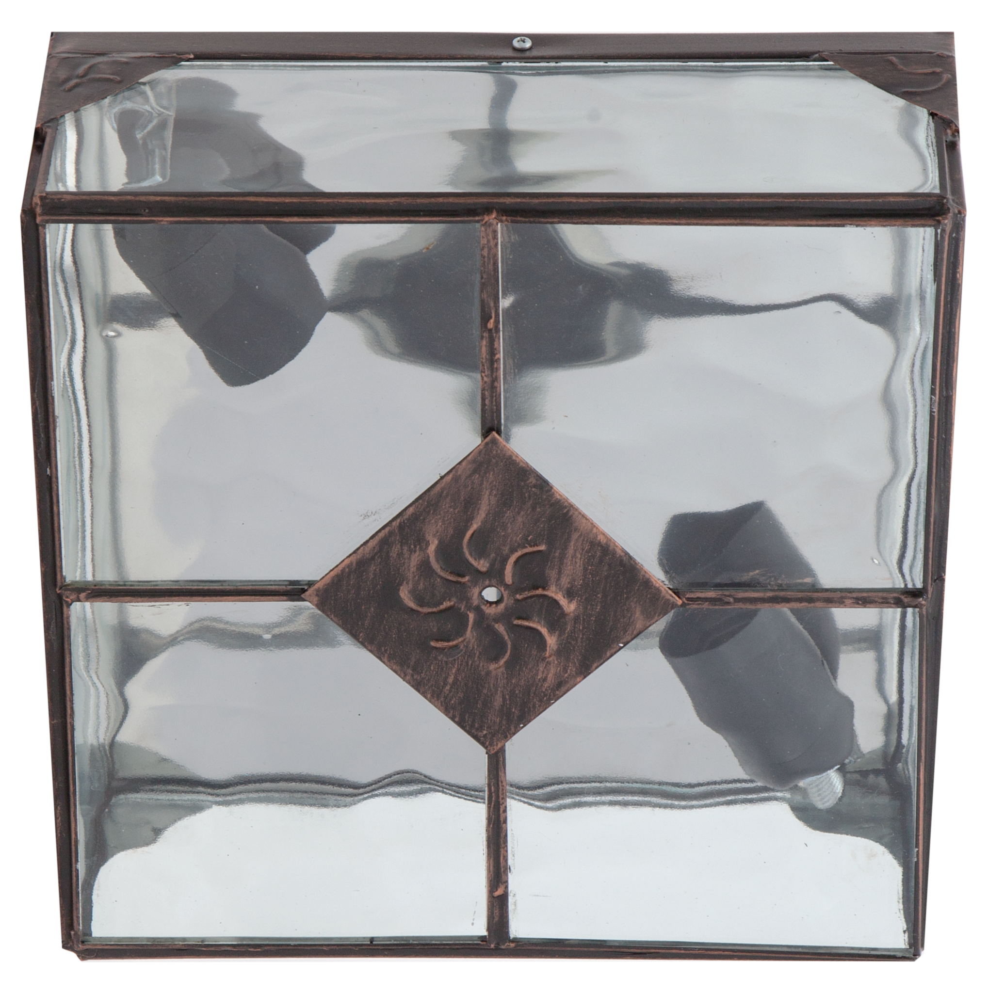 Plafón Estepa fabricado en metal color cobre con cristal rugoso