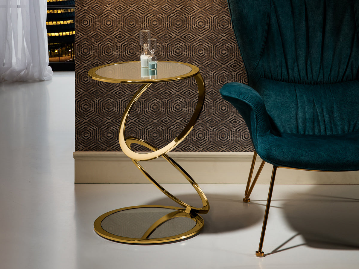 Mesa Auxiliar Redonda Aros 45 cm Oro Brillo con Espejo Schuller en ambiente decorado | Schuller