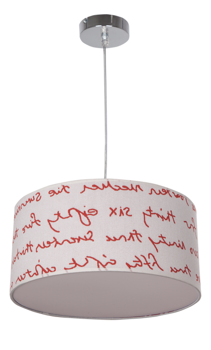Lámpara colgante Letters fabricada en blanco y rojo, ideal para luz difusa