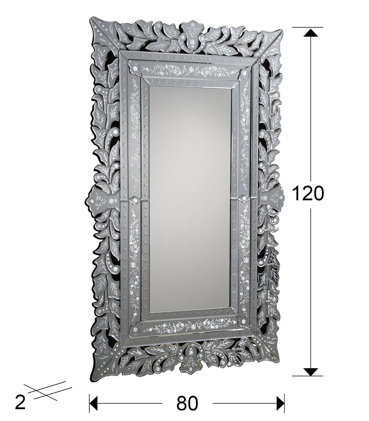 Plano con medidas de Espejo de Pared Cleopatra 120x78 cm Lunas Biseladas Negro Schuller