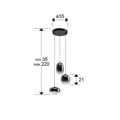 Plano con medidas de Lámpara Colgante Onice 3 Luces LED Negro Mate y Cristal Smoke Schuller