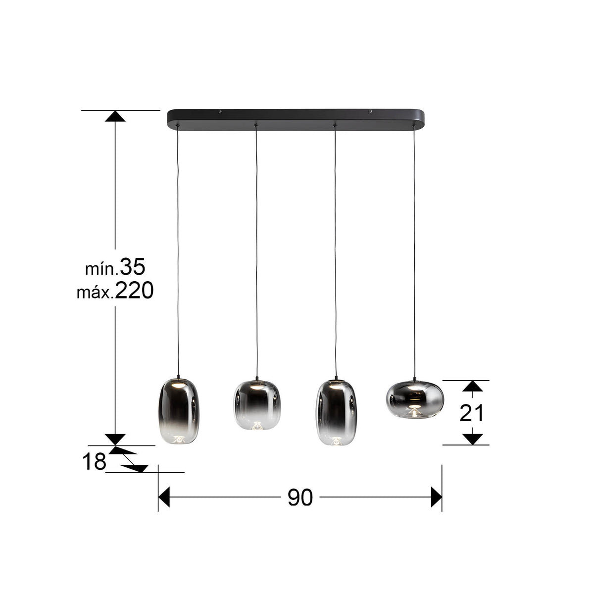 Plano con medidas de Lámpara Colgante Onice 4 Luces LED Negro Mate y Cristal Smoke Schuller