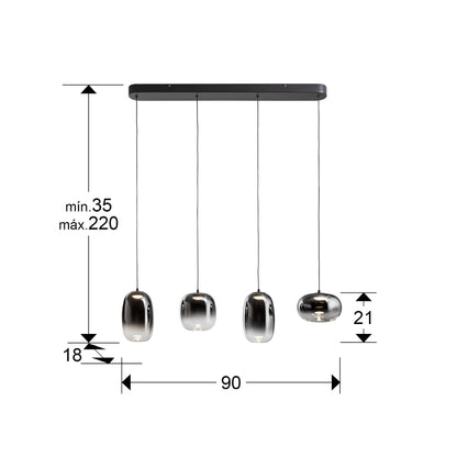 Plano con medidas de Lámpara Colgante Onice 4 Luces LED Negro Mate y Cristal Smoke Schuller