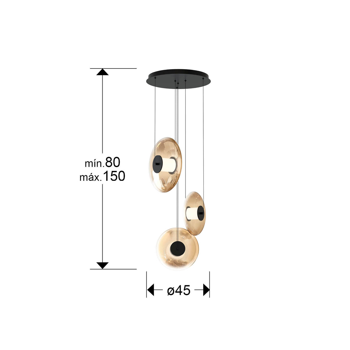 Plano con medidas de Lámpara Colgante Diabolo 3 Luces Negro y Ámbar Schuller