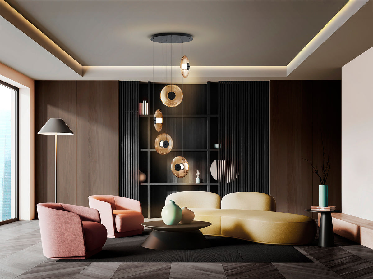 Lámpara Colgante Diabolo 5 Luces LED Negra y Ámbar Schuller - vista principal | Schuller