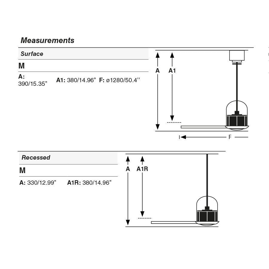 Plano con medidas de Ventilador de Techo Weaver M 128 cm Negro Mate y Nogal FARO