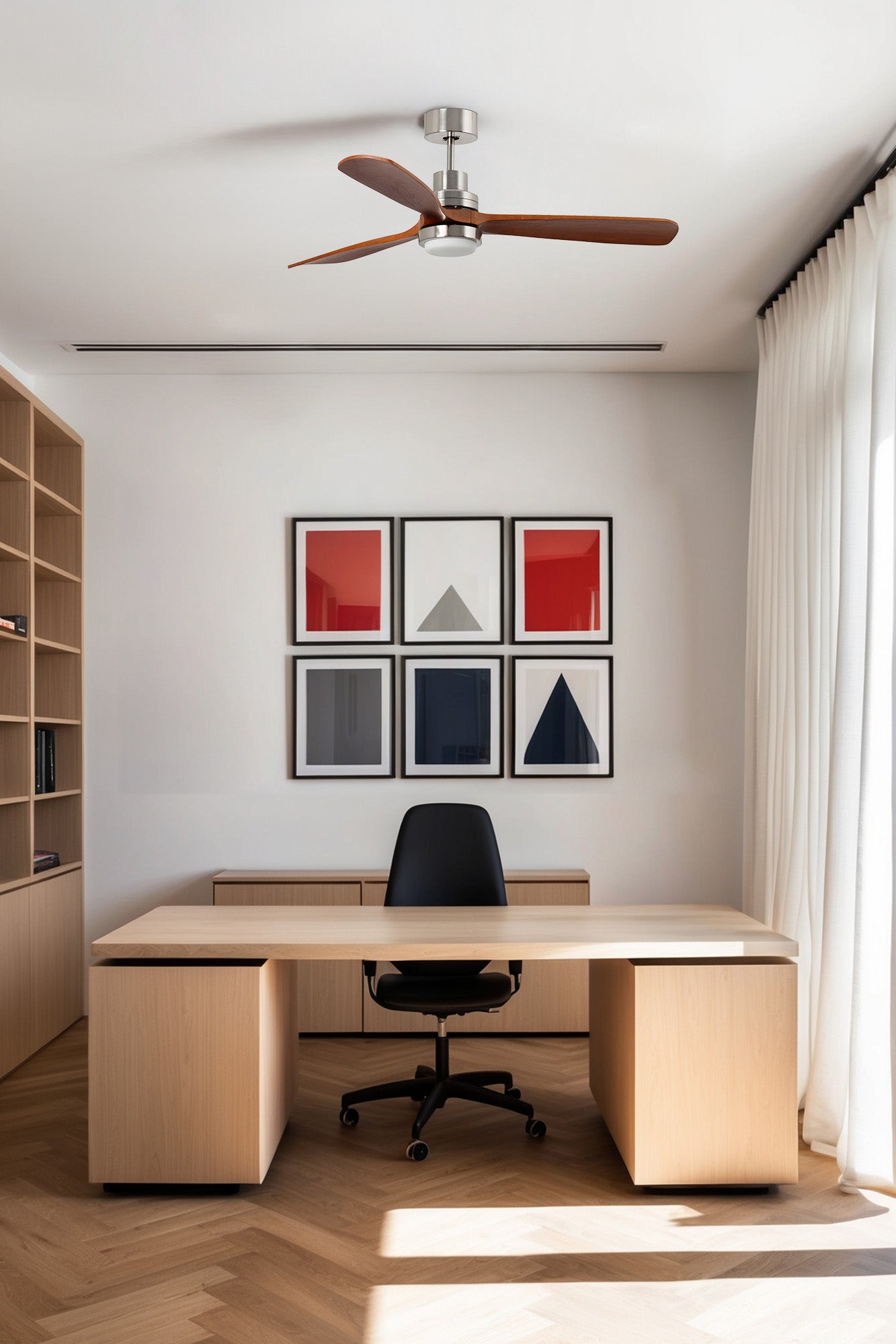 Ventilador de techo LED FARO LANTAU XL 33463DCWT - Níquel mate/nogal. Diseño moderno con aspas de madera, tecnología Smart Tuya, luz LED cálida (3000K) y 6 velocidades.
