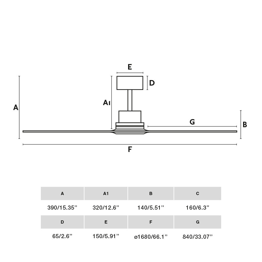 Plano con medidas de Ventilador de Techo Lantau XL 168 cm FARO - Níquel mate/Pino, Sin luz, Mando + Tuya (app y voz) · Ref. 33504DCWT
