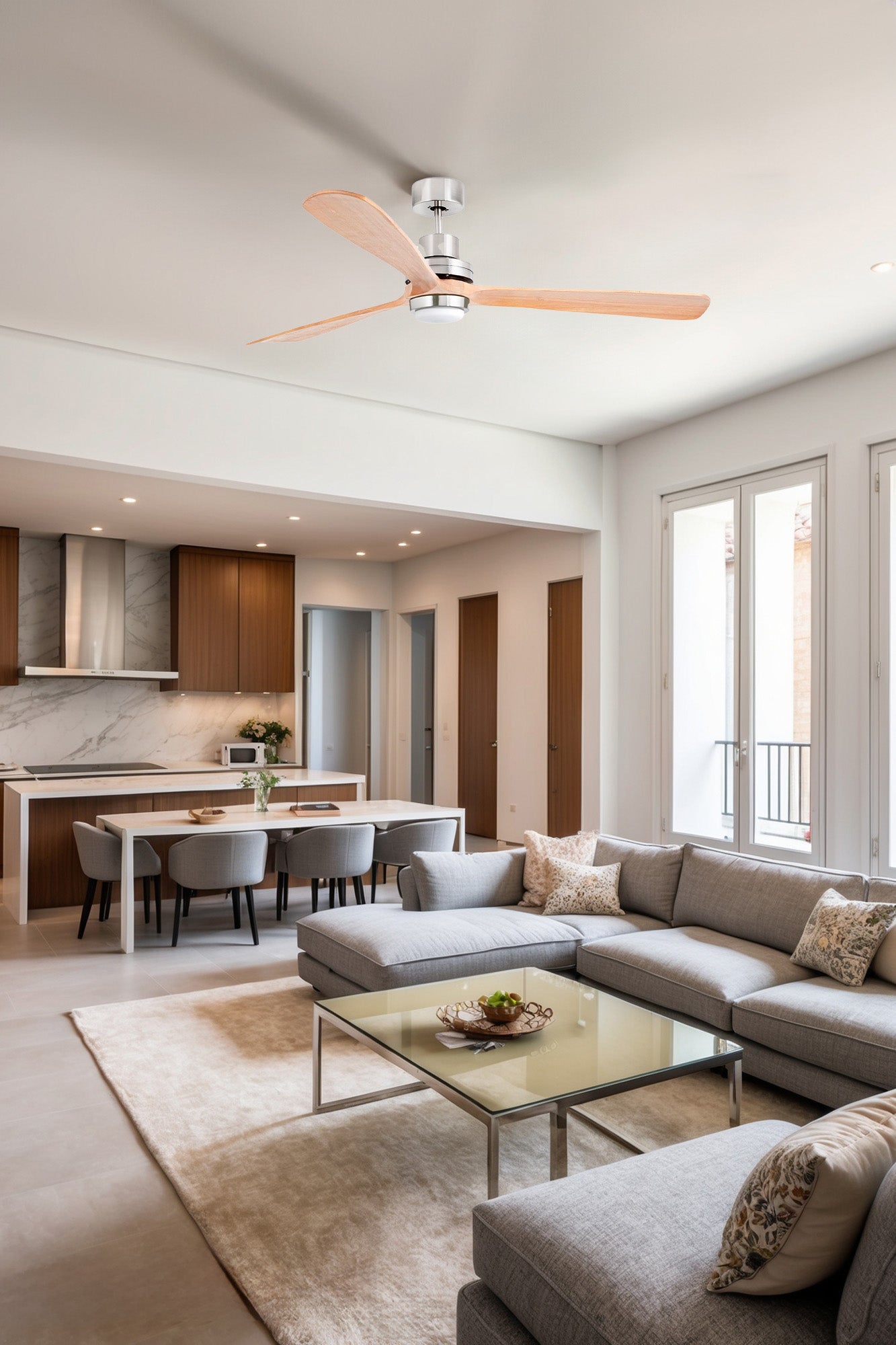 Ventilador de techo FARO Lantau XL LED Smart Tuya (33505DCWT) - Níquel mate/Pino. Diseño moderno, 1680mm, luz LED 15W incluida, 6 velocidades, control Tuya.
