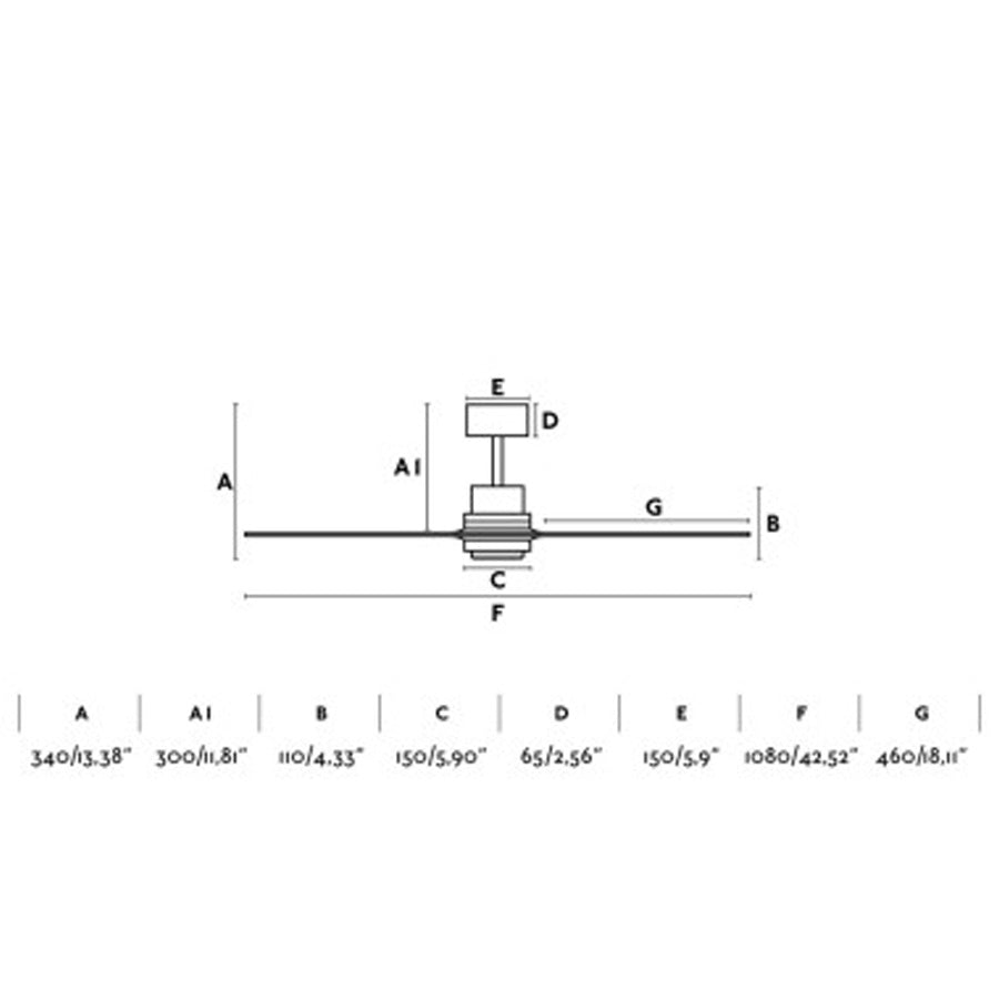 Plano con medidas de Ventilador de Techo Mini Lantau S 107 cm FARO - Níquel mate/Pino, Mando a distancia · Ref. 33509DC