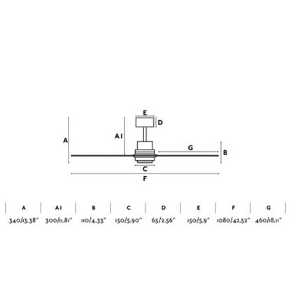 Plano con medidas de Ventilador de Techo Mini Lantau S 107 cm FARO - Níquel mate/Pino, Mando a distancia · Ref. 33509DC