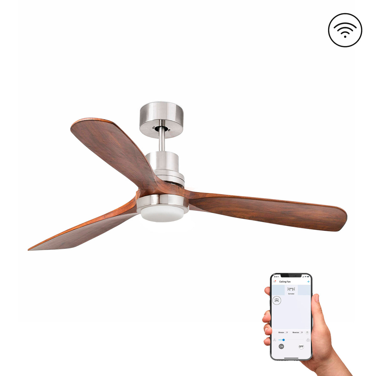 Ventilador de Techo Lantau L 132 cm FARO - Níquel mate/Nogal, LED 3000K, Mando + Tuya (app y voz) | FARO