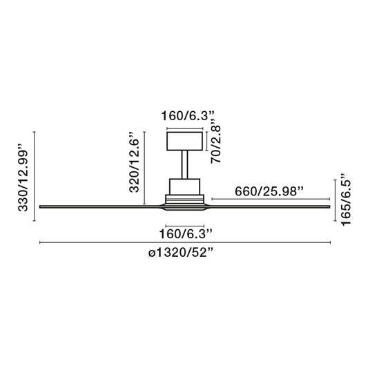 Plano con medidas de Ventilador de Techo Lantau L DC 132 cm Marrón y Pino Faro