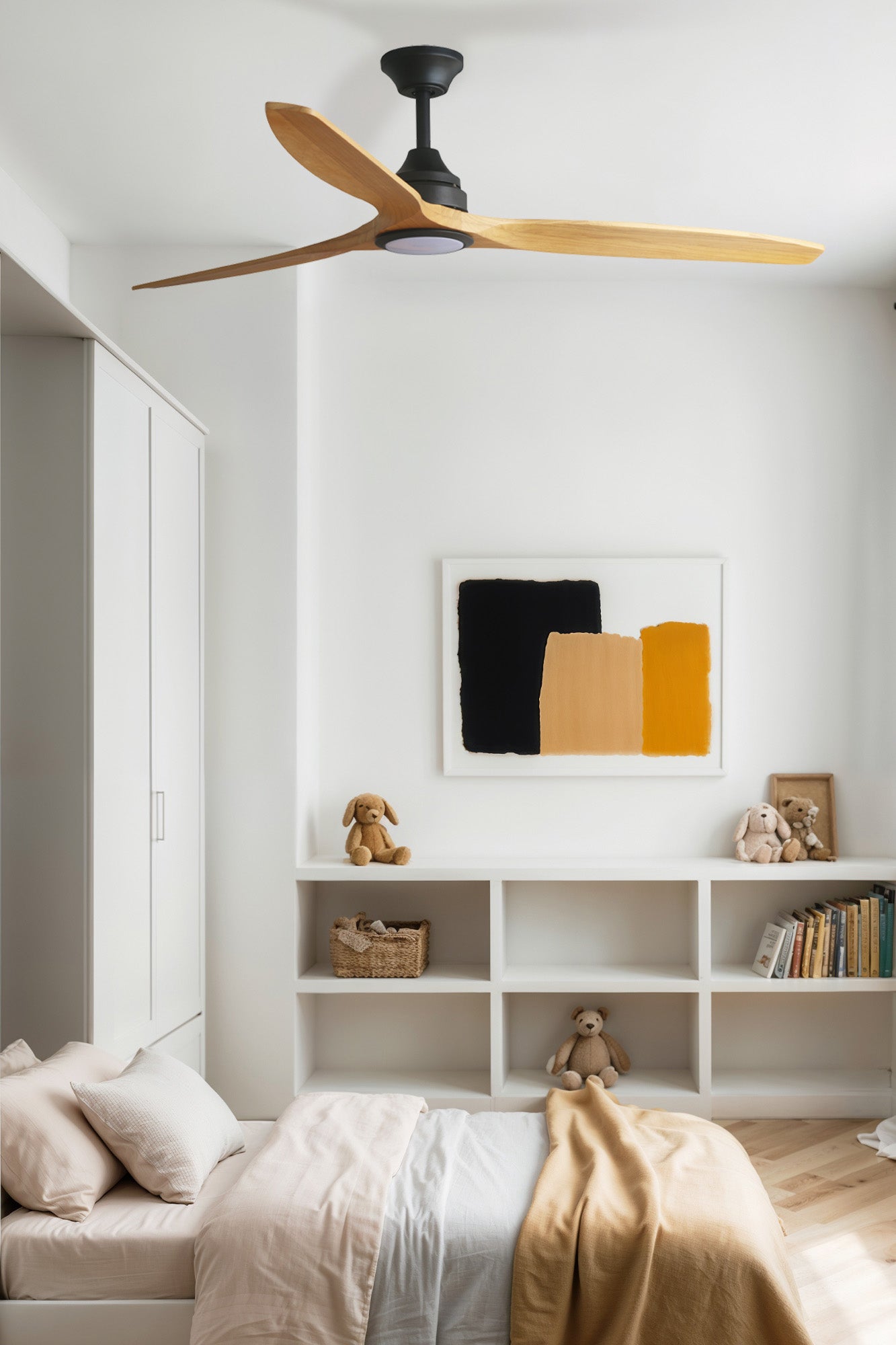 Ventilador de techo inteligente FARO ALO L 33719DCWT - Negro mate y madera, diseño moderno, luz LED CCT regulable, control Smart Tuya.
