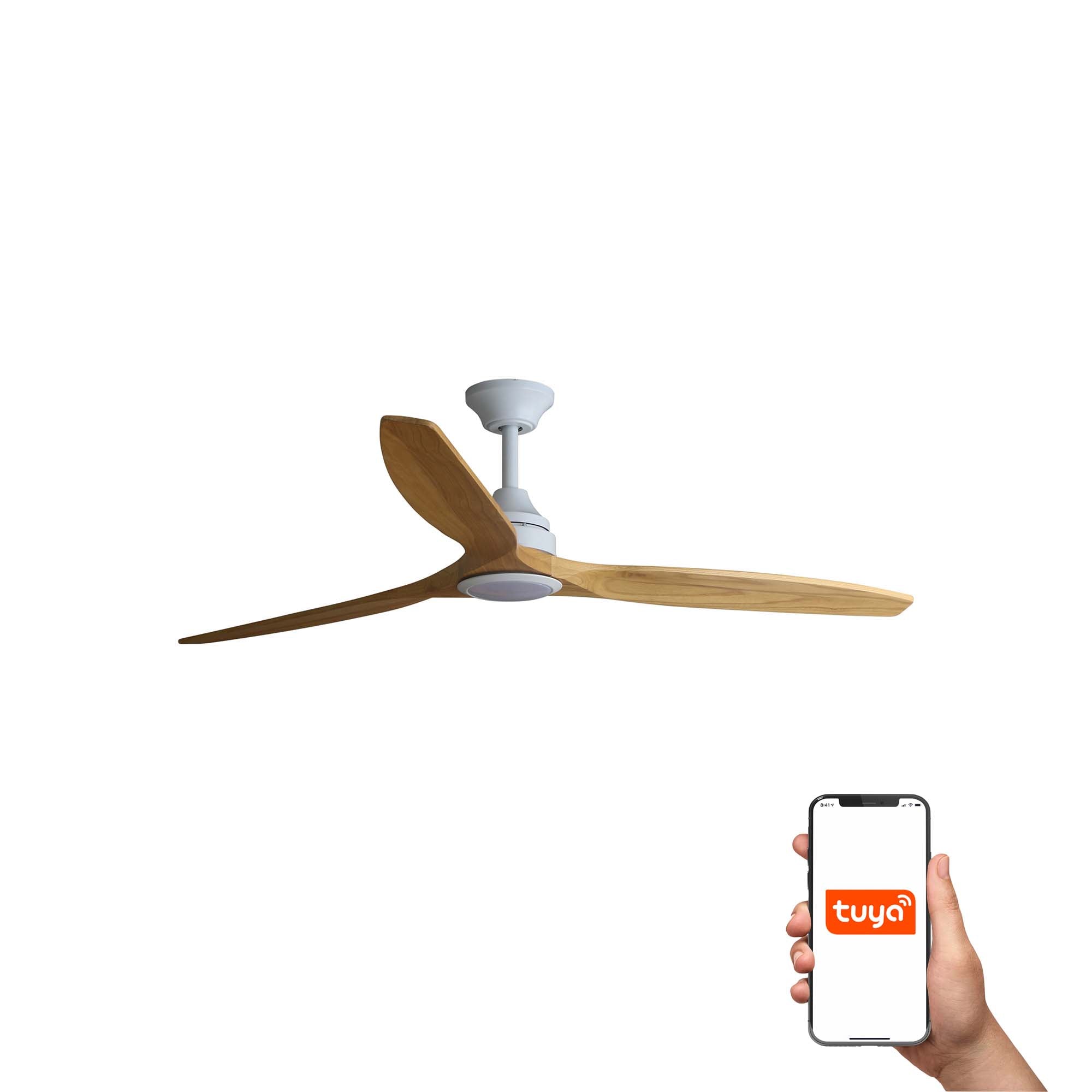 Ventilador de techo blanco con palas de madera ALO L de FARO con luz CCT y control Smart Tuya.