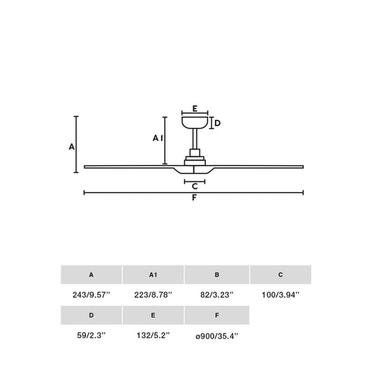 Plano con medidas de Ventilador de Techo Heywood S 90 cm Blanco y Pino FARO