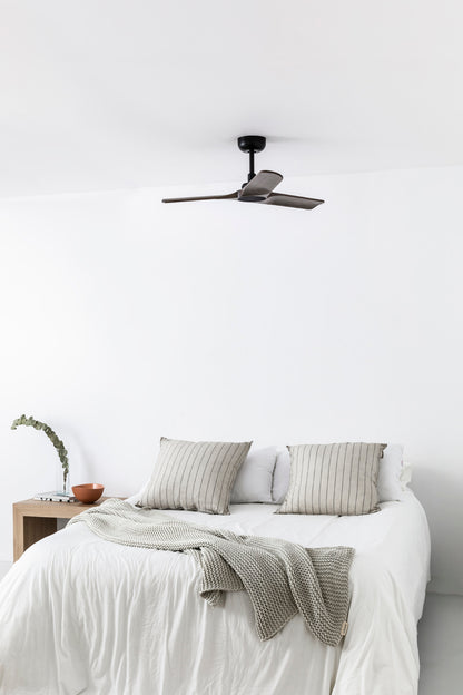 Ventilador HEYWOOD S fabricado en Acero color Negro Mate, con palas de madera de pino en Nogal Oscuro