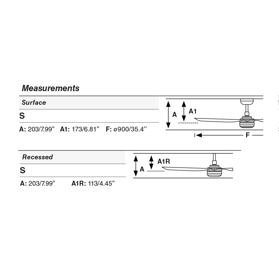 Plano con medidas de Ventilador de Techo Empotrado Mini Punt S 90 cm FARO - Blanco/Arce, LED 10W CCT, Mando a distancia · Ref. 33821R1S